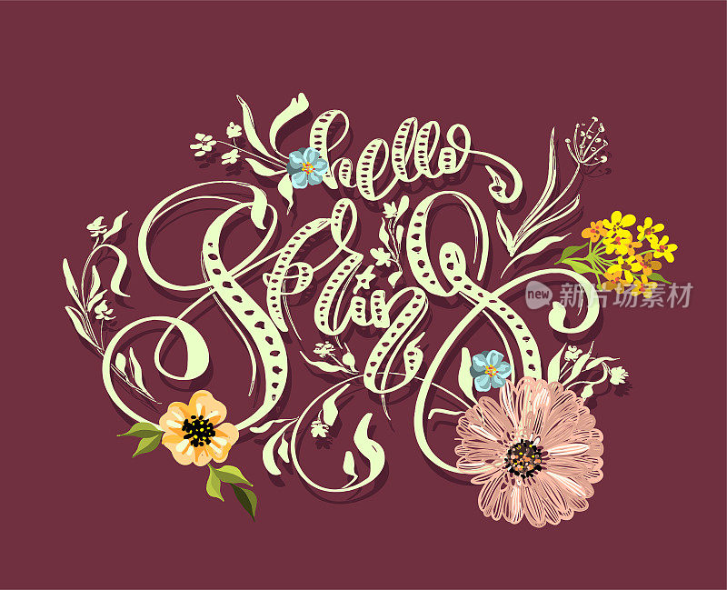lettering "hello spring" with flowers for design